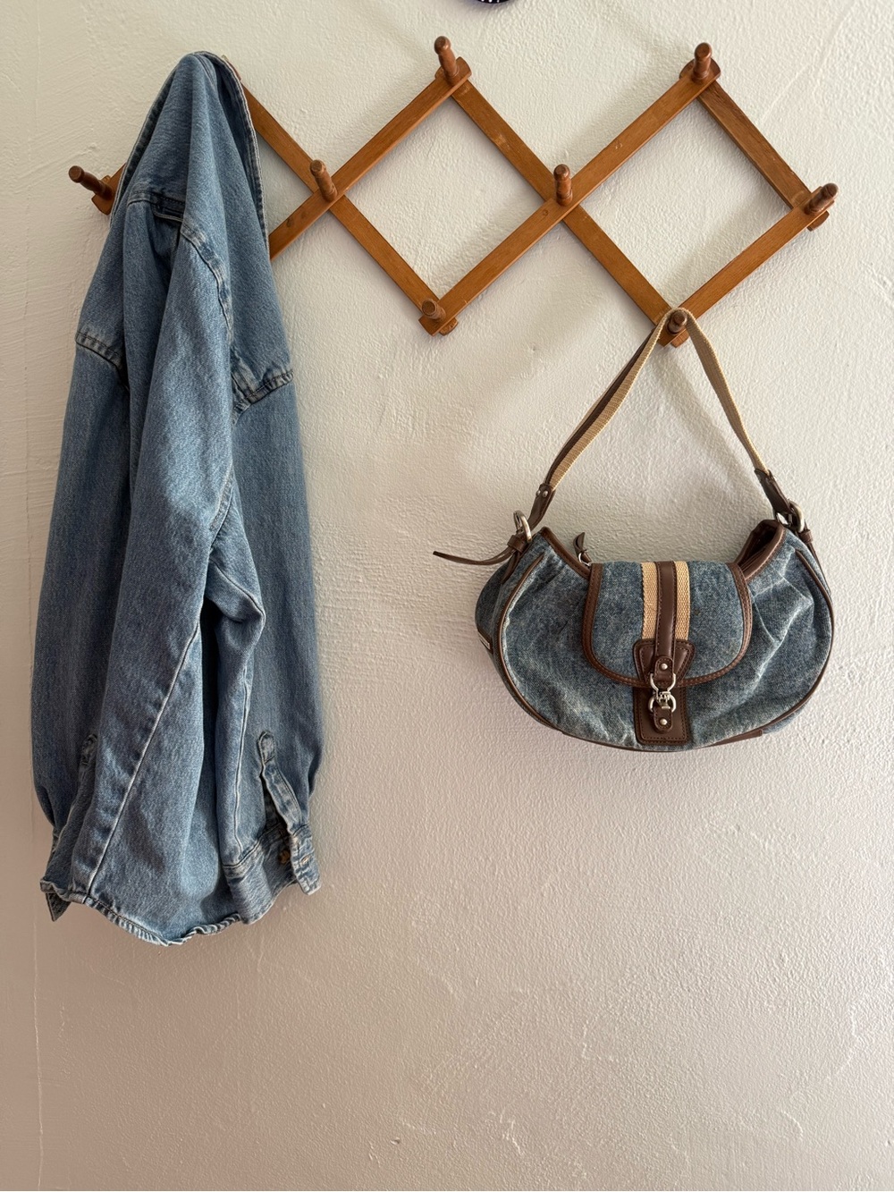 Denim Shoulder Bag with Brown Trim - Casual Women's Bag